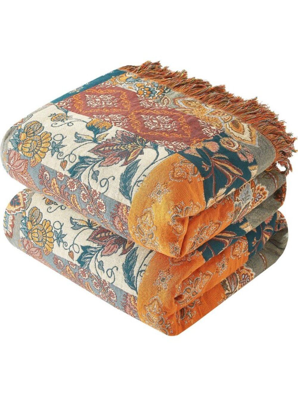 Cozy Boho Throw Blanket, 100% Cotton, Floral Woven Design, 60"x80" Size